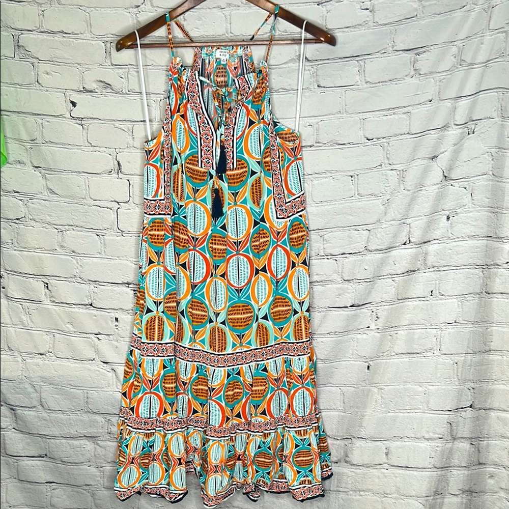 Crown & Ivy Blue Orange Sleeveless Midi Ruffle Tiered Dress Size Medium